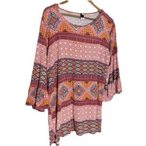 YAHADA MULTICOLORED  Tunic Blouse Boho Cottage‎ Soft Light Weight Bell Sleeve 1X